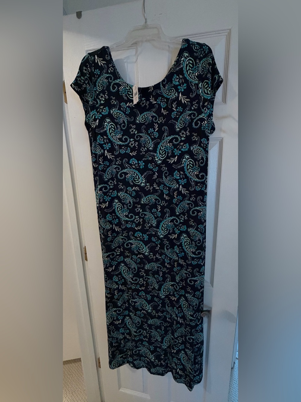 J. Jill Navy Paisley Cap-Sleeve Maxi Dress with Teal Accents